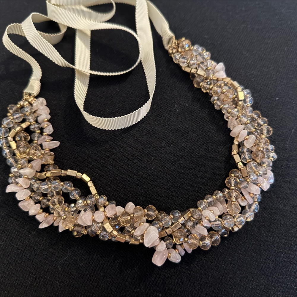 Beautiful pink & gold beaded ribbon necklace